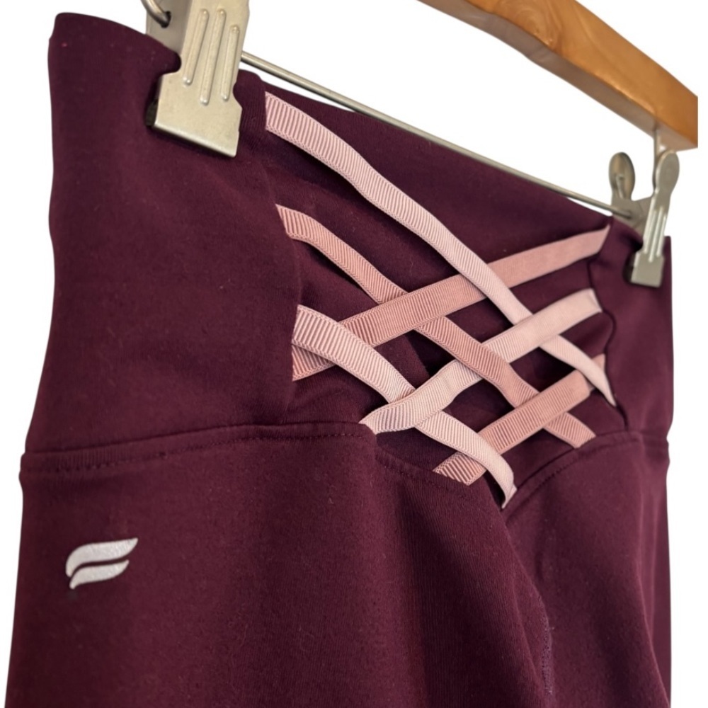 PowerHold by Fabletics Deep Burgundy Leggings + Light Pink Back Lace Detail, S/M - Picture 2 of 9